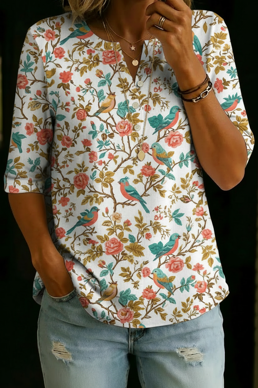 Hailey | Top Henley Estampado Floral y Pájaros