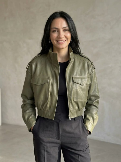 Chaqueta Bomber Cropped Verde Oliva