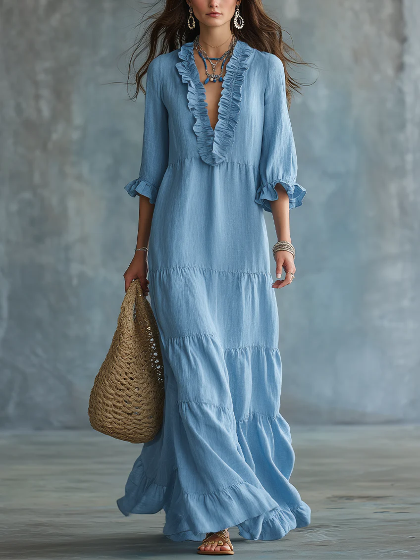 Anita | Vestido Maxi Boho Azul Cielo con Escote en V y Volantes