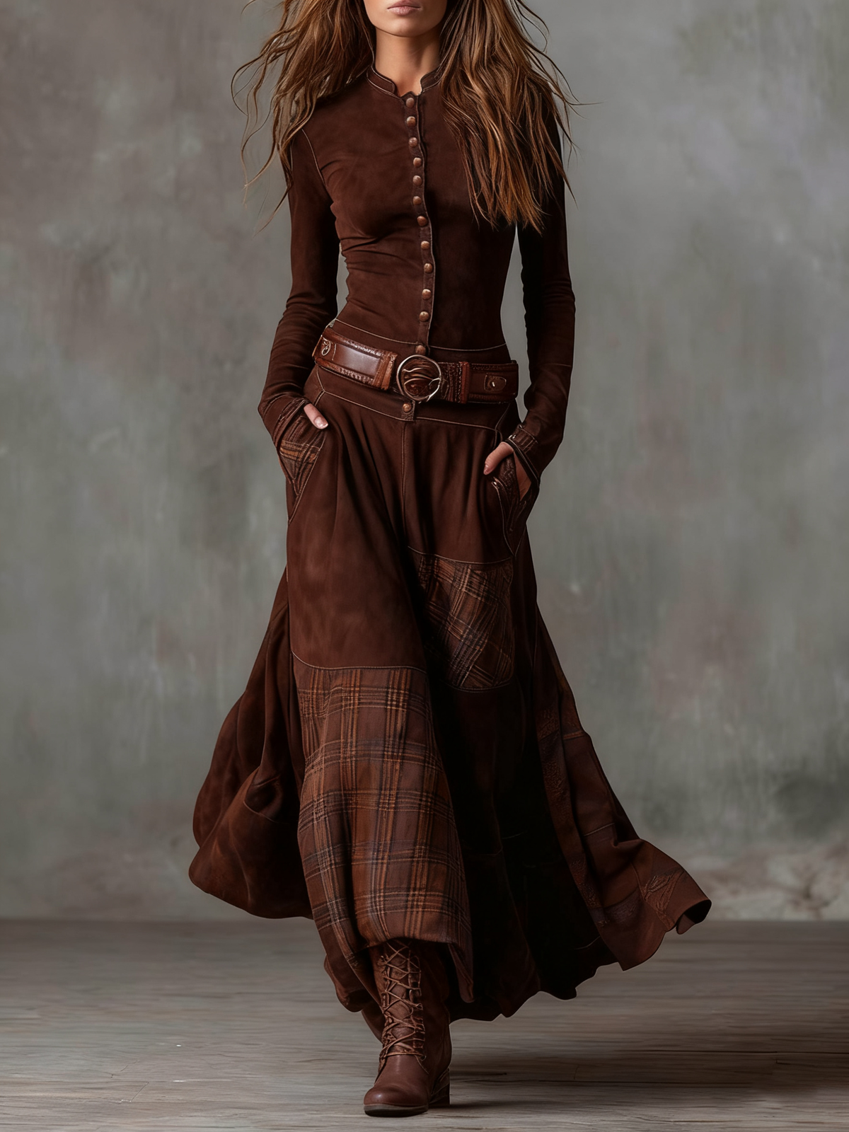 Elisa Vestido Maxi de Ante con Cinturón