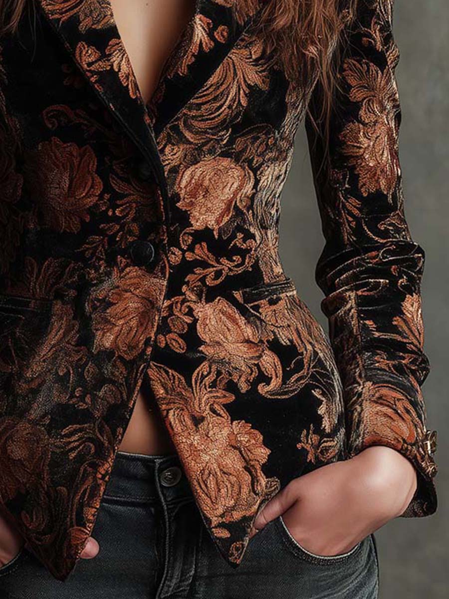 Bertille | Blazer Entallado Estampado Floral Negro y Bronce