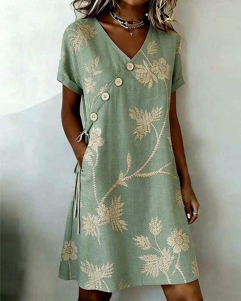Vestido Mini Estampado con Botonadura Diagonal y Cuello en V