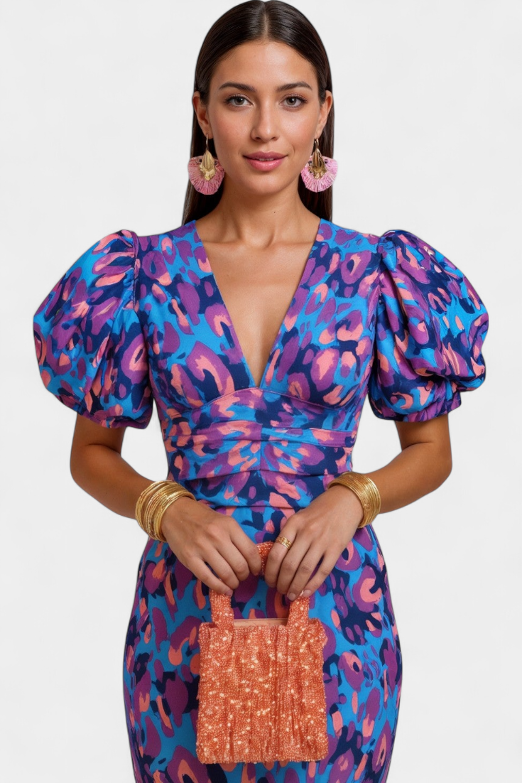 Carla Vestido Midi Estampado con Mangas Abullonadas