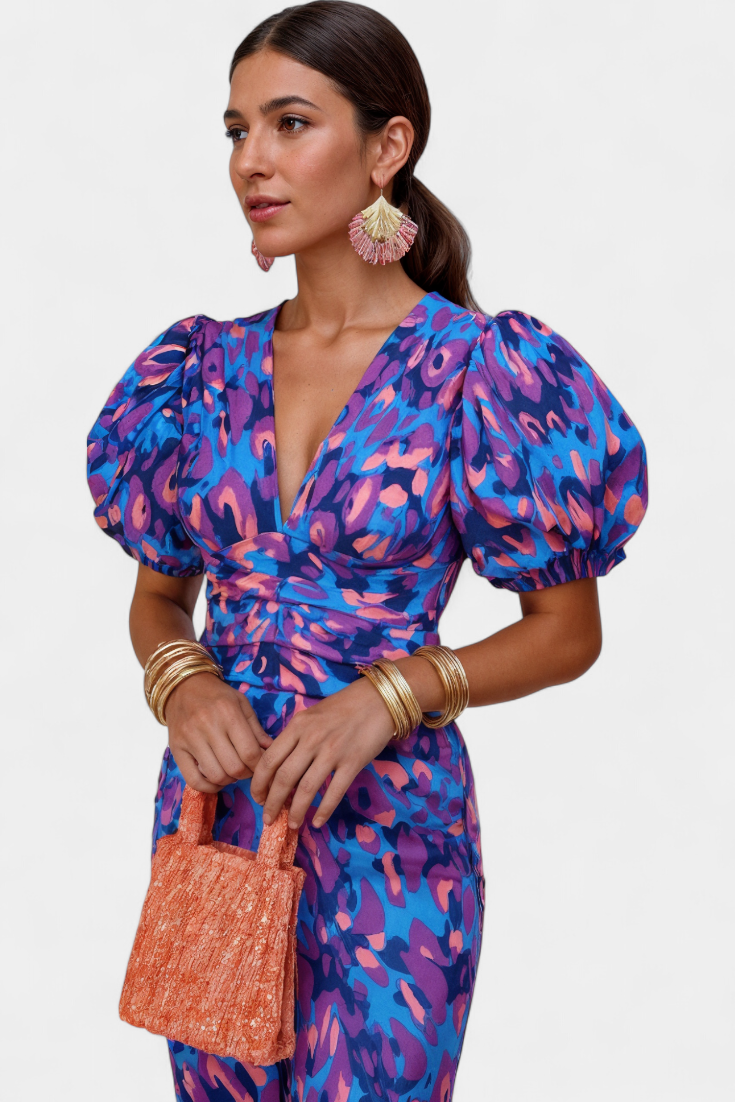 Carla Vestido Midi Estampado con Mangas Abullonadas