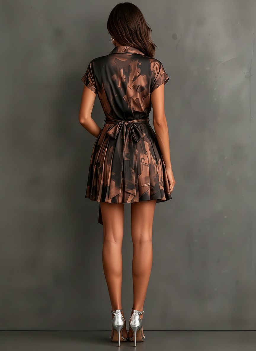 Chiara Vestido Mini Cruzado con Estampado Acuarela Marrón