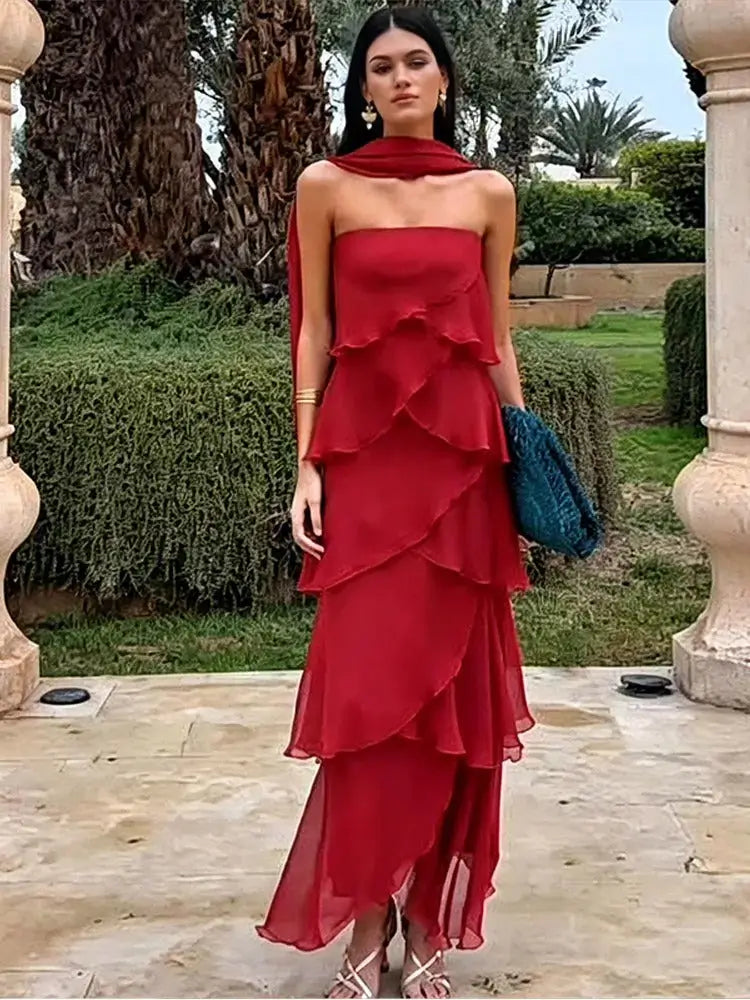Sara Vestido Maxi Volantes Rojo