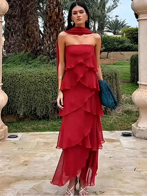 Sara Vestido Maxi Volantes Rojo