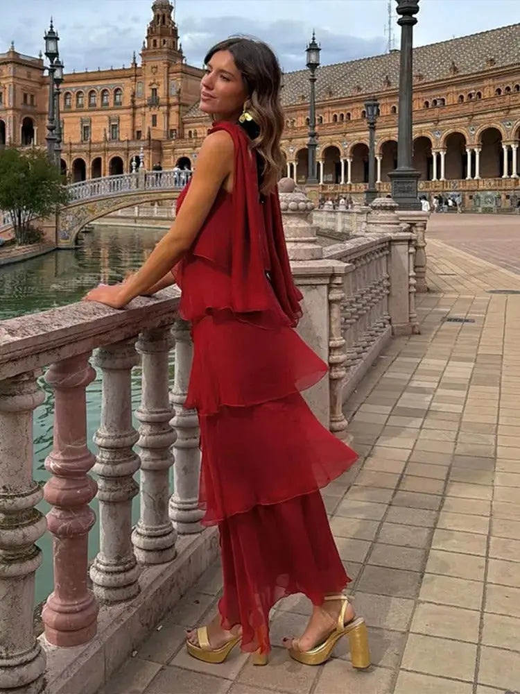 Sara Vestido Maxi Volantes Rojo