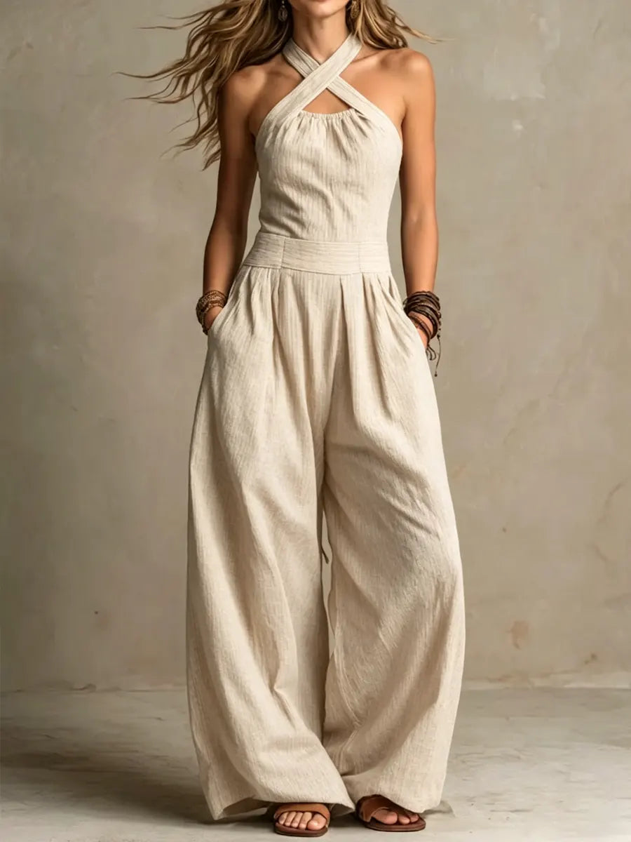 Bianca | Mono Elegante de Lino y Algodón con Escote Cruzado