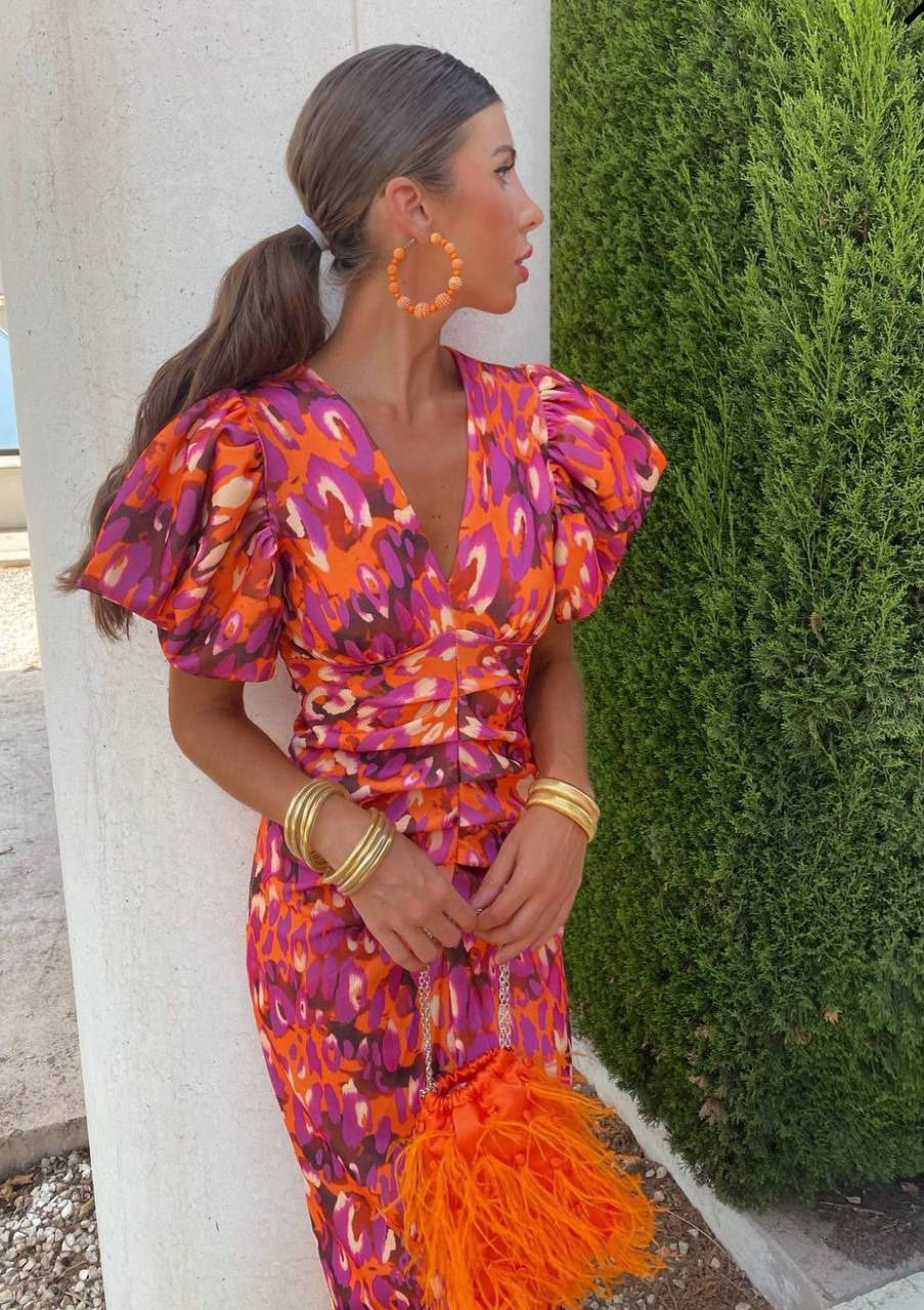 Carla Vestido Midi Estampado con Mangas Abullonadas