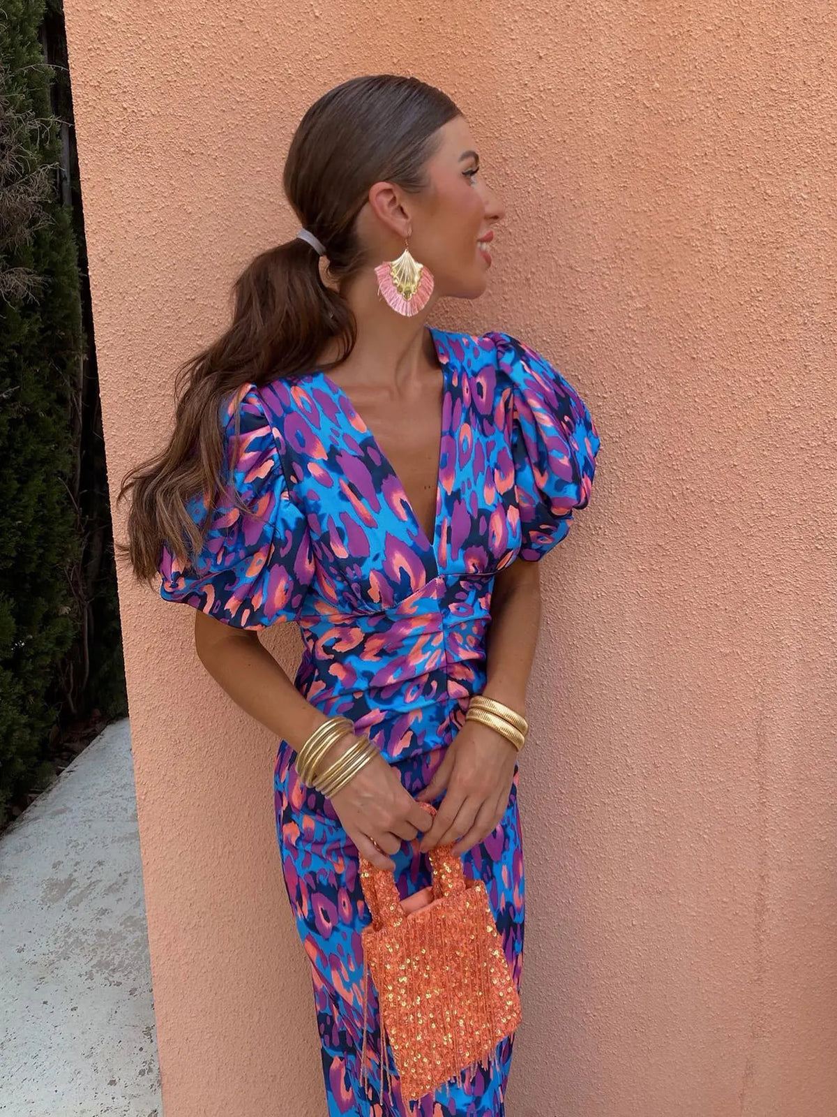 Carla Vestido Midi Estampado con Mangas Abullonadas