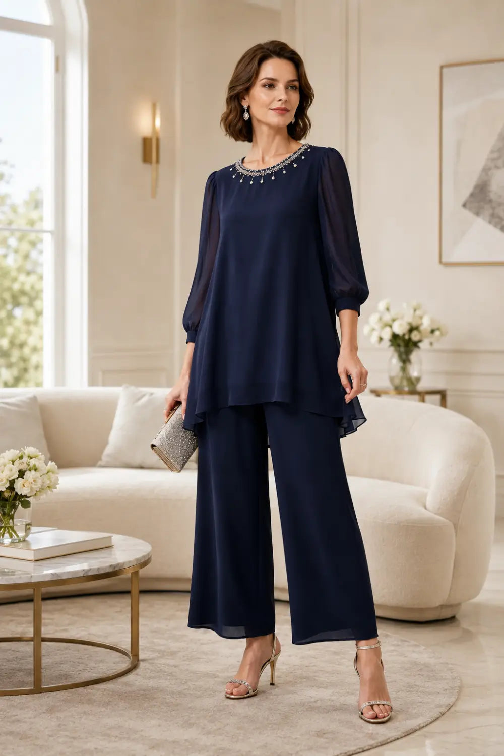Conjunto de Pantalón de Gasa con Capas y Pedrería, Manga 3/4