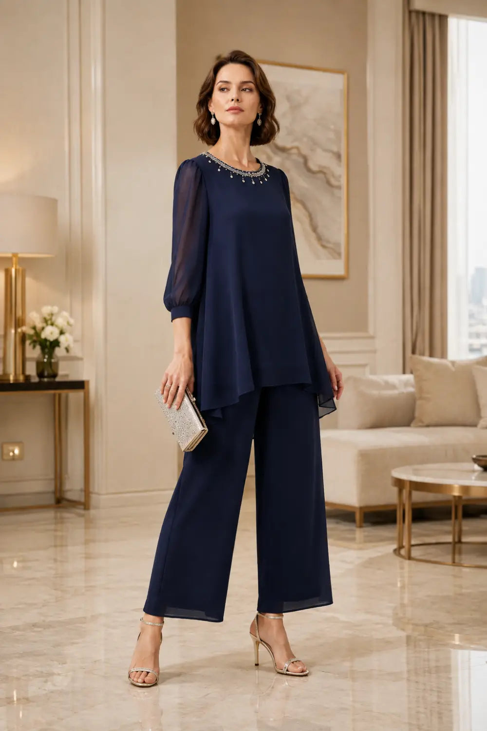 Conjunto de Pantalón de Gasa con Capas y Pedrería, Manga 3/4