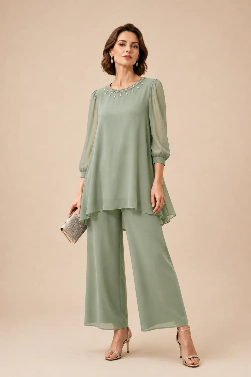 Conjunto de Pantalón de Gasa con Capas y Pedrería, Manga 3/4