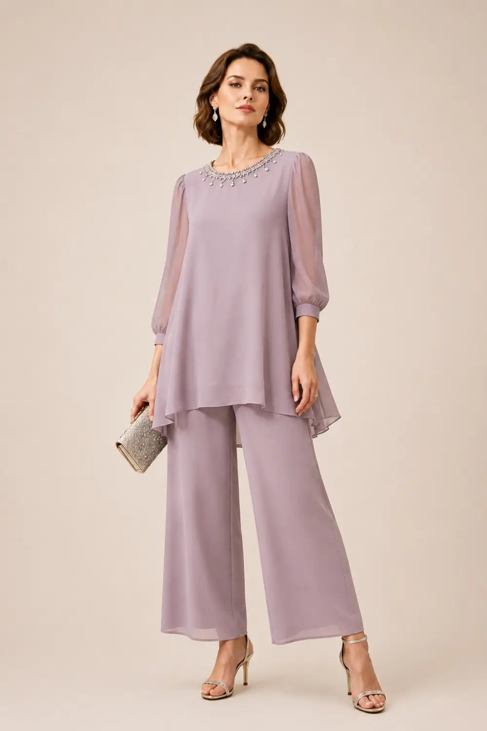 Conjunto de Pantalón de Gasa con Capas y Pedrería, Manga 3/4