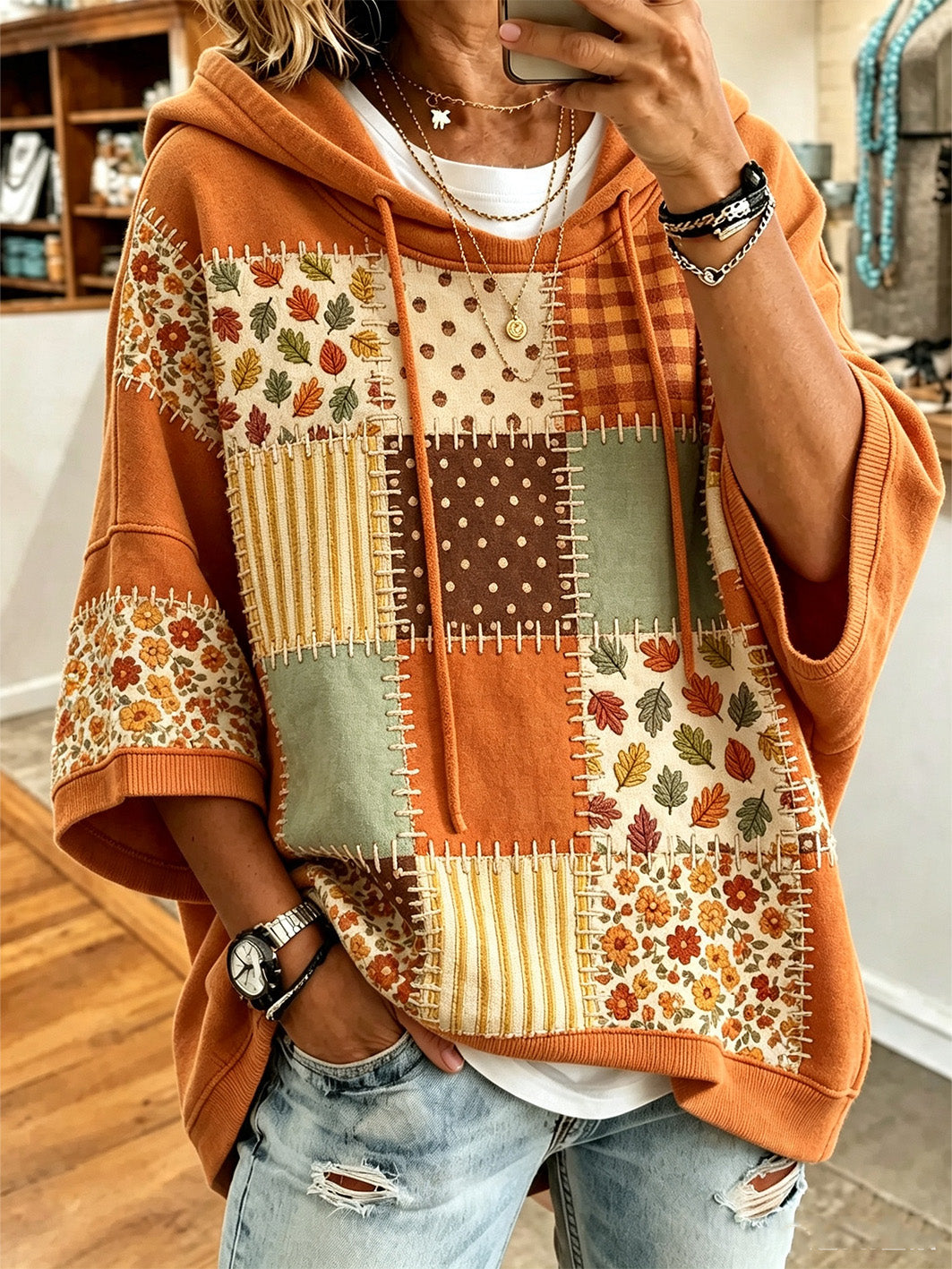 Corina Sudadera Oversize Estampado de Hojas de Otoño