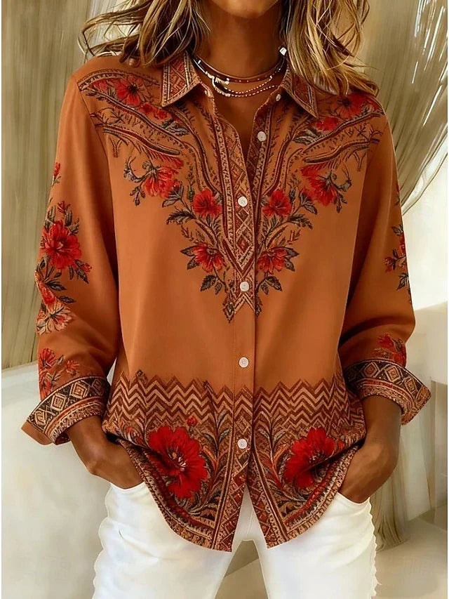 Dawnflora Blusa de Manga Larga Estampado Floral Artístico