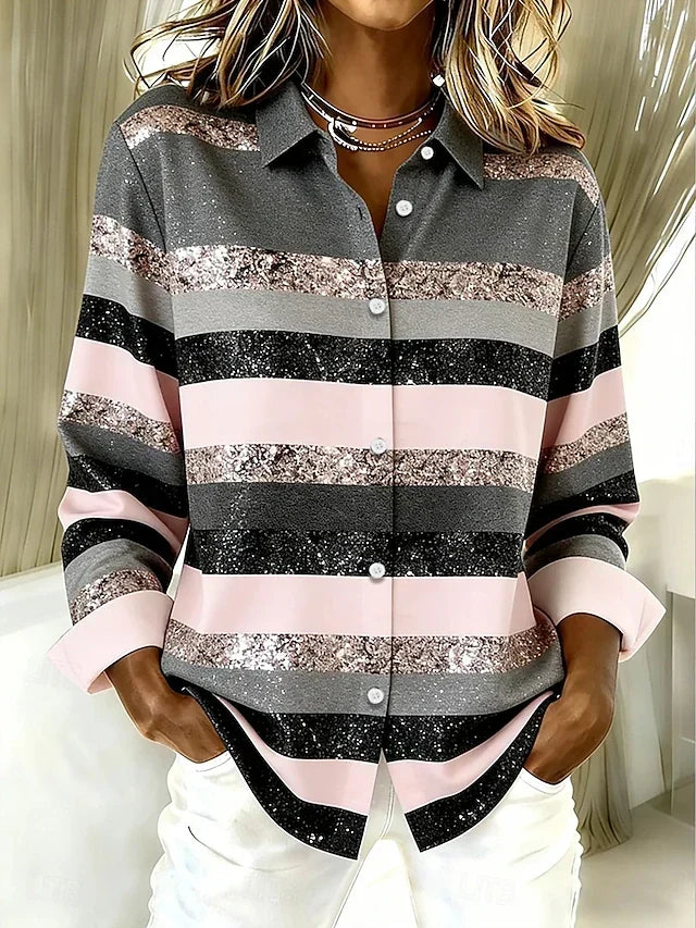 Evancline Blusa Informal de Rayas Horizontales con Botones